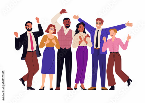 Business team of winners. Vector cartoon illustration in a flat style of a group of happy middle-aged people in business clothes in full length. Isolated on white