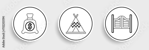 Set line Saloon door, Money bag and Indian teepee wigwam icon. Vector