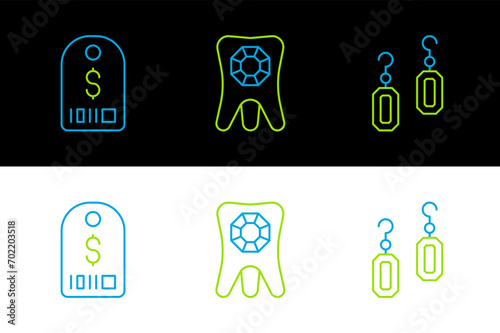 Set line Earrings, Price tag with dollar and Tooth diamond icon. Vector