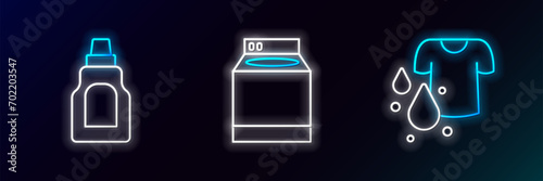 Set line Dirty t-shirt, Bottle for cleaning agent and Washer icon. Glowing neon. Vector