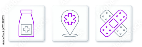 Set line Crossed bandage plaster, Medicine bottle pills and Location hospital icon. Vector