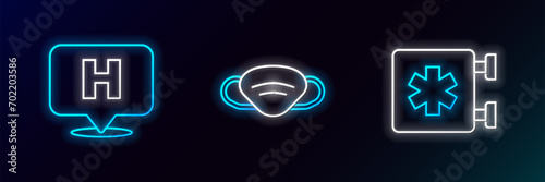 Set line Emergency - Star of Life, Location hospital and Medical protective mask icon. Glowing neon. Vector