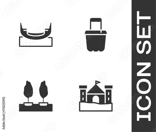 Set Sand castle, Boat swing, Forest and bucket icon. Vector