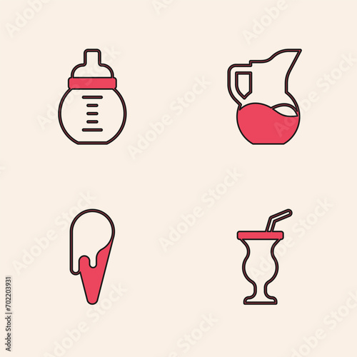 Set Milkshake, Baby milk in bottle, jug or pitcher and Ice cream waffle cone icon. Vector