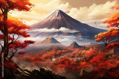 Vulcano Japan nature mountain with autumn leaves in spring. Generative Ai.