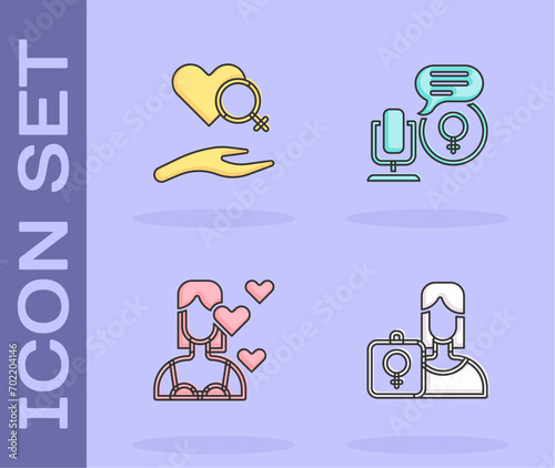 Set Feminist activist, Heart with female gender, Love yourself and Microphone icon. Vector