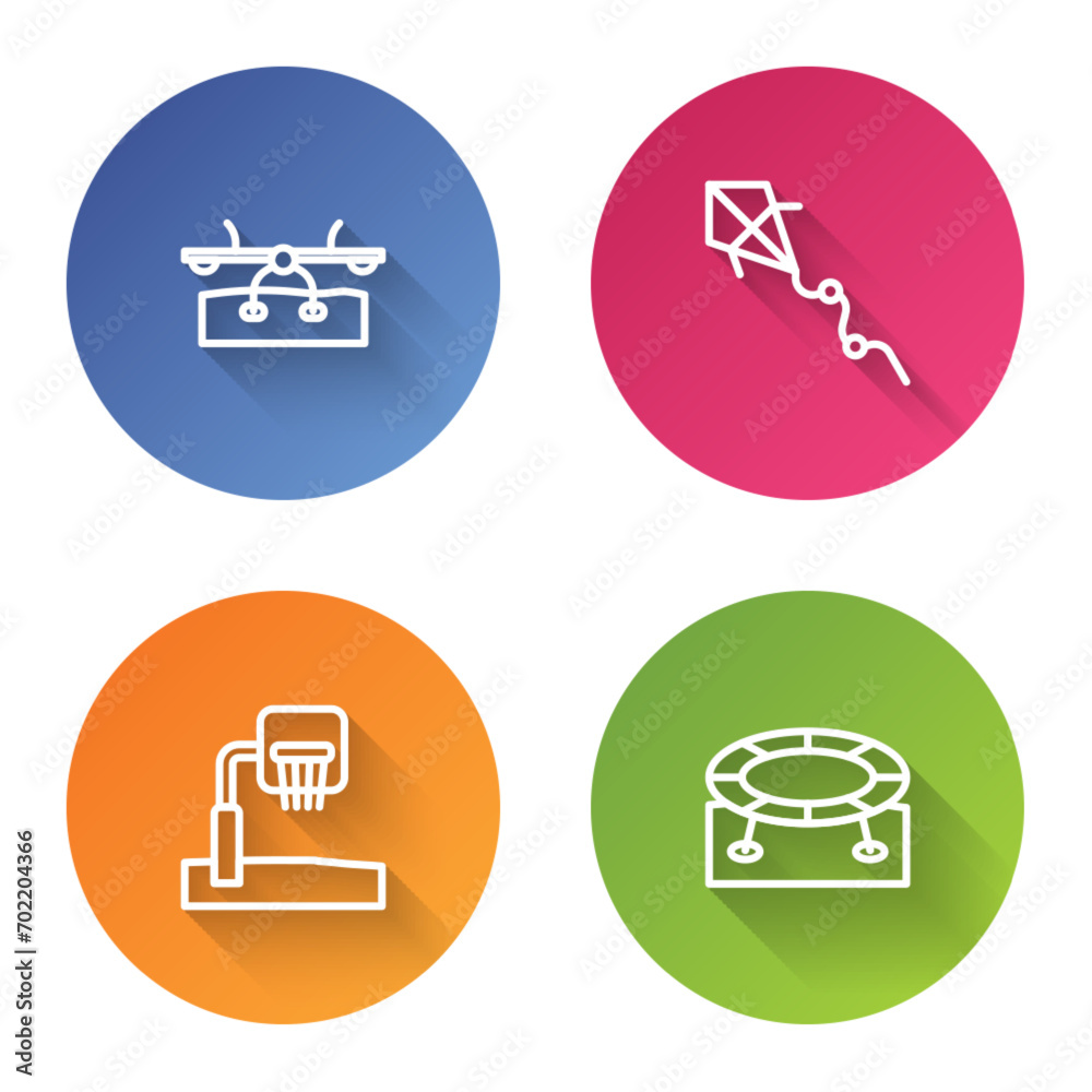 Set line Seesaw, Kite, Basketball backboard and Jumping trampoline. Color circle button. Vector Set line Seesaw, Kite, Basketball backboard and Jumping trampoline. Color circle button. Vector