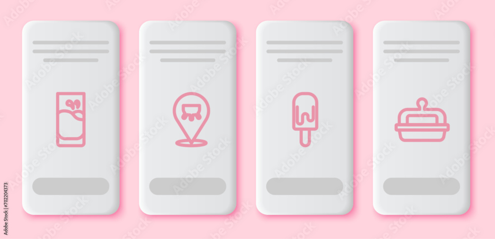 Set line Glass with milk, Udder, Ice cream and Butter in butter dish. White rectangle button. Vector