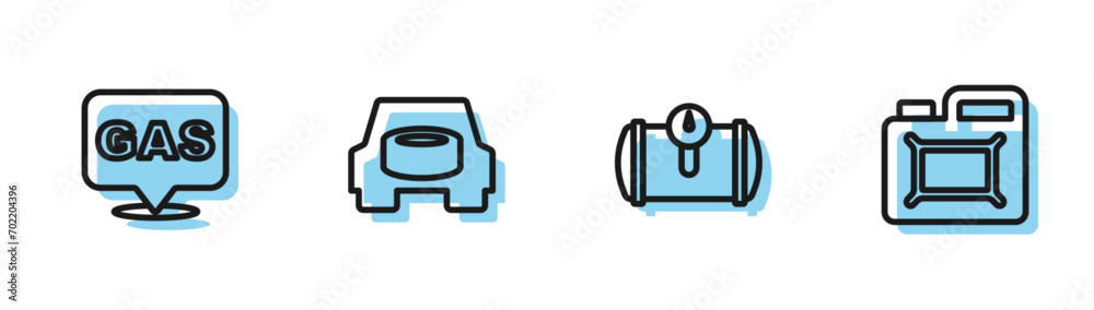 Set line Gas tank for vehicle, Location and gas station, Spare wheel in the car and Canister motor oil icon. Vector