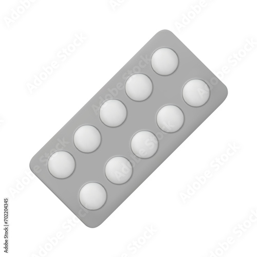 3D vector medical drugs, tabs in package, silver blister pills. Round medicament painkillers, tablets, antibiotics, active additives. Healthcare medicines. Vector illustration isolated on white.