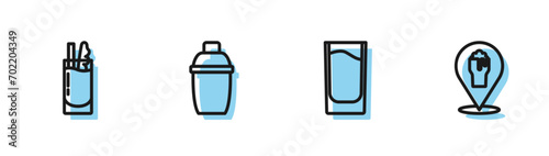 Set line Shot glass, Cocktail Bloody Mary, shaker and Alcohol or beer bar location icon. Vector