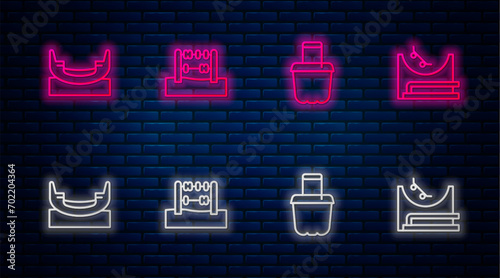 Set line Abacus, Sand in bucket, Boat swing and Skate park. Glowing neon icon on brick wall. Vector