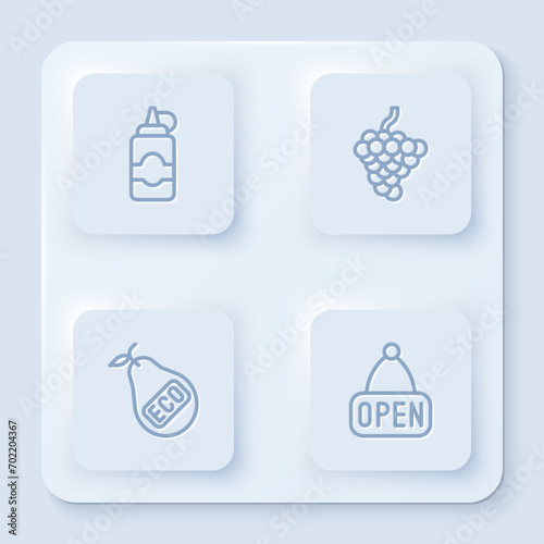 Set line Sauce bottle, Grape fruit, Healthy organic pear and Hanging sign with Open. White square button. Vector