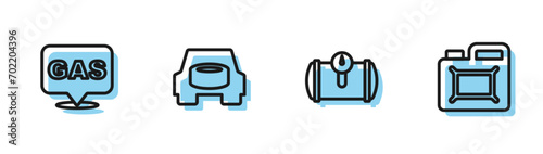 Set line Gas tank for vehicle, Location and gas station, Spare wheel in the car and Canister motor oil icon. Vector