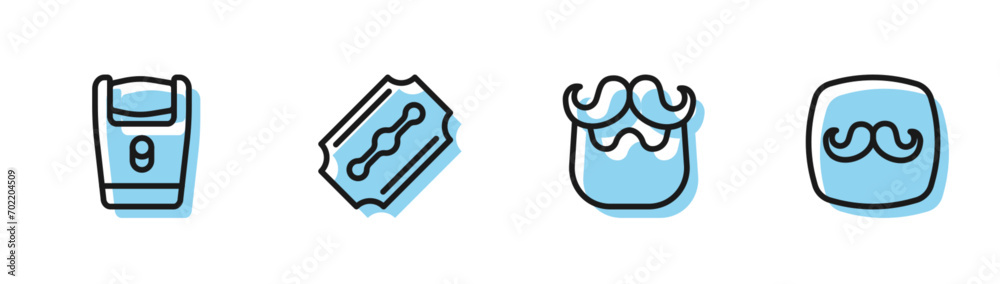 Set line Mustache and beard, Electric razor blade, Blade and Barbershop icon. Vector Set line Mustache and beard, Electric razor blade, Blade and Barbershop icon. Vector