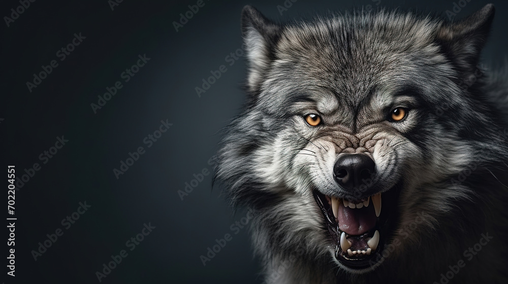 Front view of angry Mane Wolf on gray background. Wild animals banner with empty copy space
