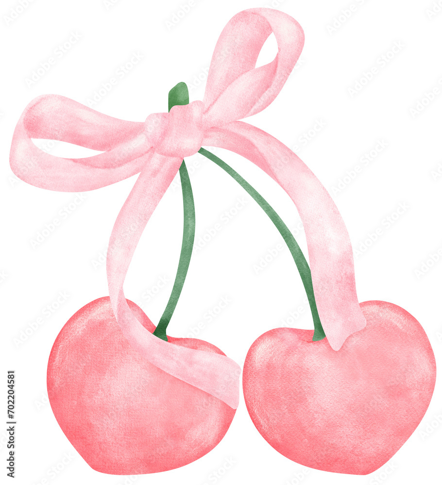 Pink Coquette bow with cherries aesthetic watercolor Pink Coquette bow with cherries aesthetic watercolor