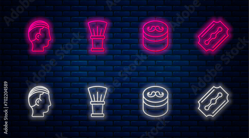 Set line Shaving brush, Gel or wax for hair styling, Hairstyle men and Blade razor. Glowing neon icon on brick wall. Vector