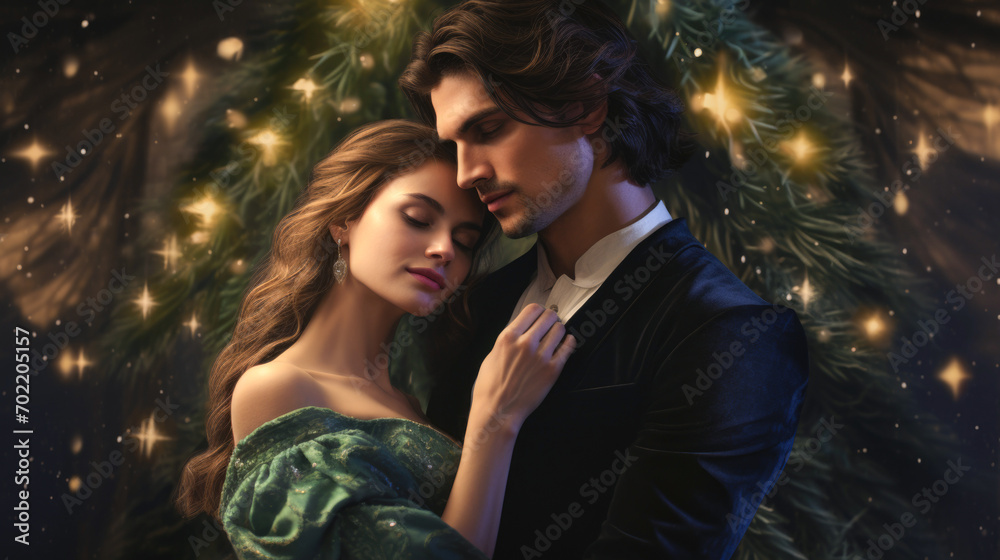Illustration of fantasy character, ideal for novel book cover. woman, man, hugging Christmas