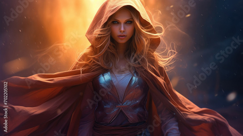 Illustration of fantasy character, ideal for novel book cover. Woman, Cloak mystic