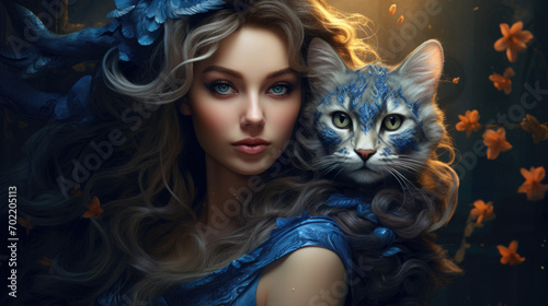 Illustration of fantasy character, ideal for novel book cover. Cat, Woman Blue