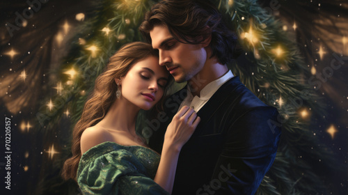 Illustration of fantasy character, ideal for novel book cover. woman, man, hugging Christmas