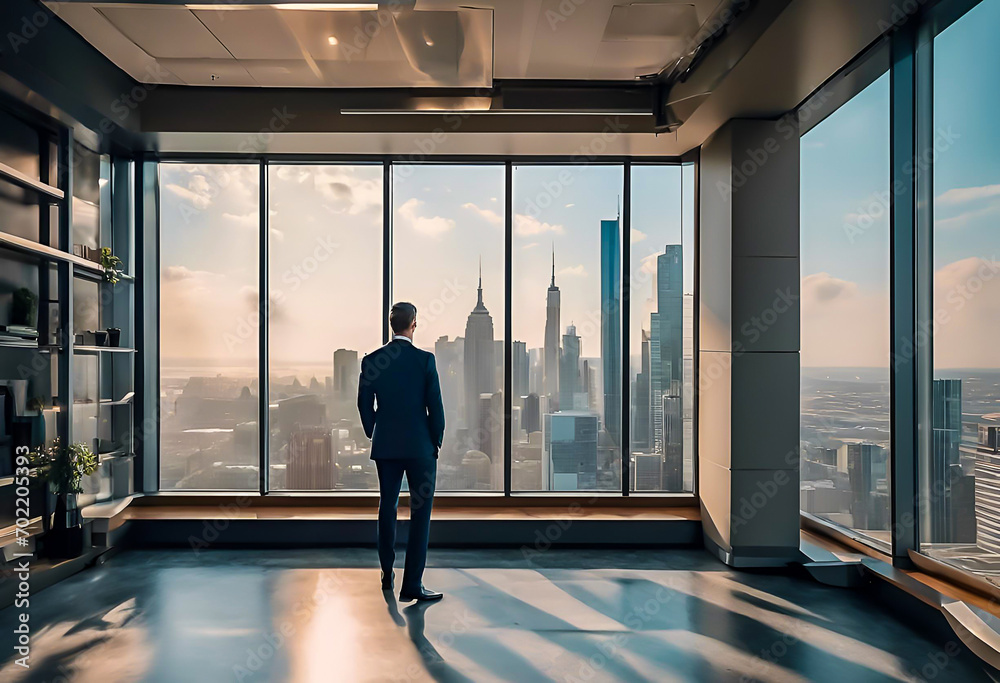 Businessman looking at city through window Businessman looking at city through window