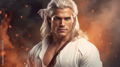 Illustration of fantasy character, ideal for novel book cover. White-haired man hero