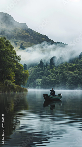 landscape photo of a man on a boat on a misty lake in Scotland, eclectic cultural themes, mountainous vistas, exotic landscapes, nature-inspired imagery 