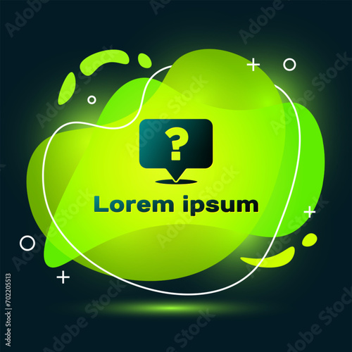 Black Question mark icon isolated on black background. FAQ sign. Copy files, chat speech bubble and chart. Abstract banner with liquid shapes. Vector