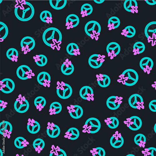 Line Clock with airplane icon isolated seamless pattern on black background. Designation of time before departure, check-in for flight and arrival time symbol.  Vector