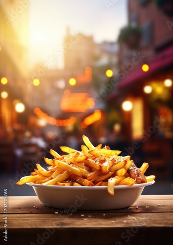 French fries chips in basket on table  street junk food  oktoberfest. Generative Ai
