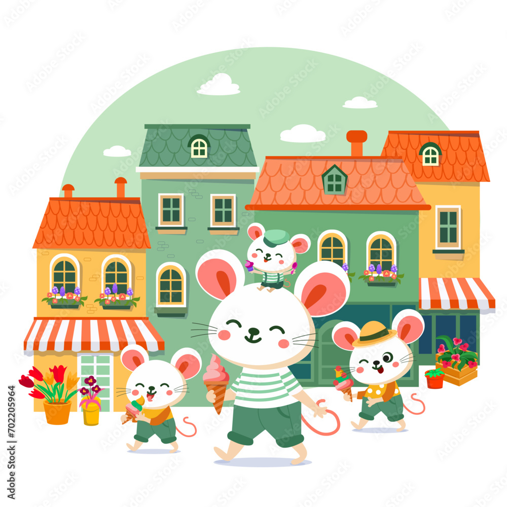 Cute cartoon stylised mice in city eating ice cream. Scene for design of children's cards, books on white background. Vector illustration. 