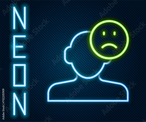 Glowing neon line Sad and depressed man, bad mood icon isolated on black background. Colorful outline concept. Vector