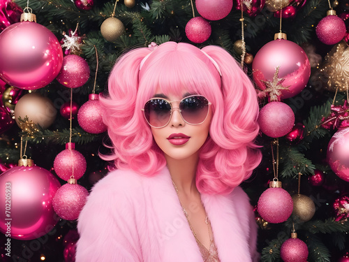 Beauty woman wears a pink wig and shades, posing in front of a indoor Christmas tree.	