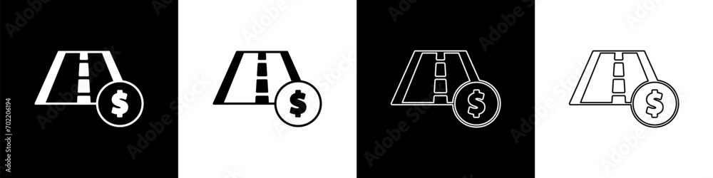 Set Toll road traffic sign. Signpost icon isolated on black and white background. Pointer symbol. Street information sign. Direction sign. Vector Set Toll road traffic sign. Signpost icon isolated on black and white background. Pointer symbol. Street information sign. Direction sign. Vector