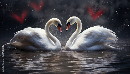 Pure Elegance: A Lovely Swan Couple Embracing in the Calm Reflection of a White Lake