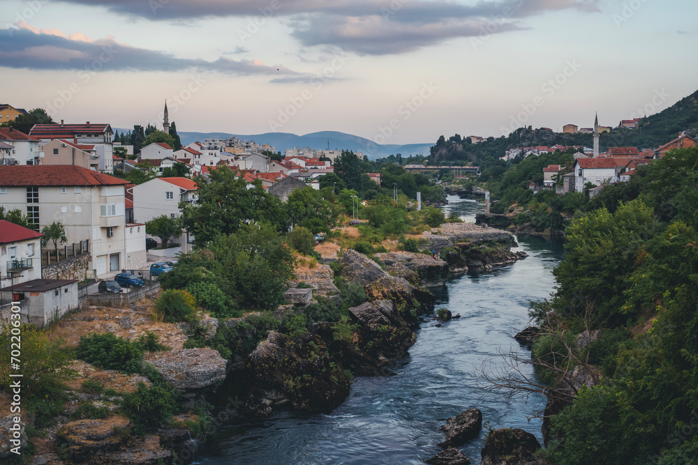 Obraz premium Historical Mostar Old town, Bosnia and Herzegovina, view of the Stari Most bridge, Neretva river in Balkan mountains
