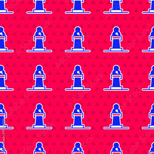 Blue Speaker icon isolated seamless pattern on red background. Orator speaking from tribune. Public speech. Person on podium.  Vector