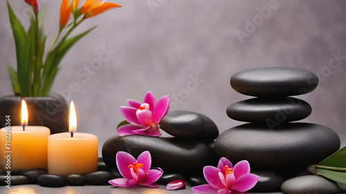 Front view of a wellness background  spa stones  pink flowers  towels AI Generated Pro Photo 