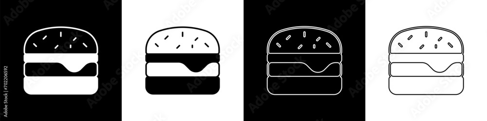 Set Burger icon isolated on black and white background. Hamburger icon. Cheeseburger sandwich sign. Fast food menu. Vector Set Burger icon isolated on black and white background. Hamburger icon. Cheeseburger sandwich sign. Fast food menu. Vector