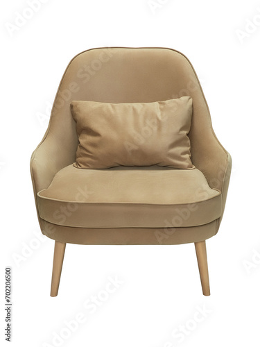 modern beige fabric armchair with wooden legs isolated on white background, front view