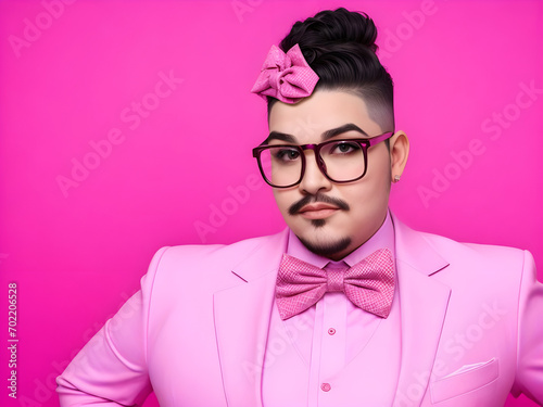 Curvy drag king wearing pink suit and bowtie with glasses and pocket square isolated on pink background. photo