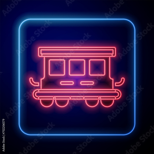 Glowing neon Passenger train cars toy icon isolated on black background. Railway carriage. Vector