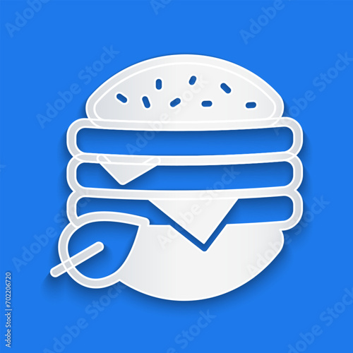 Paper cut Vegan food diet icon isolated on blue background. Organic, bio, eco symbol. Vegan, no meat, lactose free, healthy, fresh and nonviolent food. Paper art style. Vector