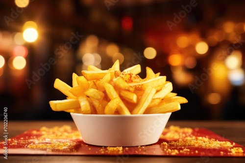 French fries chips in basket on table  street junk food  oktoberfest. Generative Ai