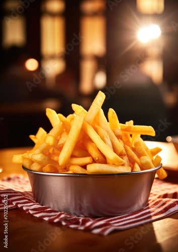 French fries chips in basket on table  street junk food  oktoberfest. Generative Ai