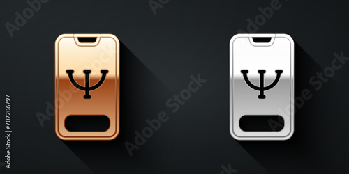 Gold and silver Online psychological counseling distance icon isolated on black background. Psychotherapy, psychological help, psychiatrist online consulting. Long shadow style. Vector