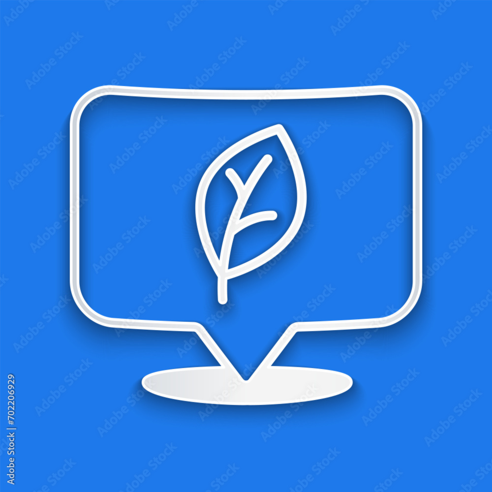 Paper cut Location with leaf icon isolated on blue background. Eco energy concept. Alternative energy concept. Paper art style. Vector Paper cut Location with leaf icon isolated on blue background. Eco energy concept. Alternative energy concept. Paper art style. Vector