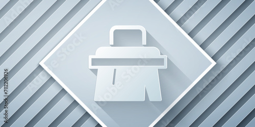 Paper cut Sauna brush icon isolated on grey background. Wooden brush with coarse bristles for washing in the bath. Anti cellulite massage. Paper art style. Vector